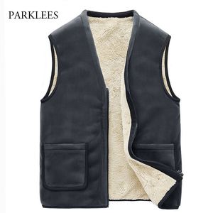 Winter dikke fleece vest mannen mode v-hals mouwloze heren katoen vest jas slank warm hommes veste chaqueta hombre zwart 210524