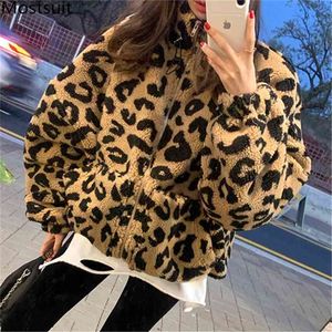 Hiver épais léopard femmes manteau veste chaude coréenne fermeture éclair à manches longues col montant lâche mode femme manteaux 210513