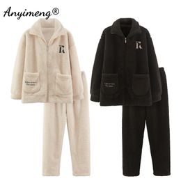 Winter dikke pyjama set voor paar hoge nek rits pijamas mannen houden warme nachtkleding vrouwen ins mode minimalistische PJ's 211215