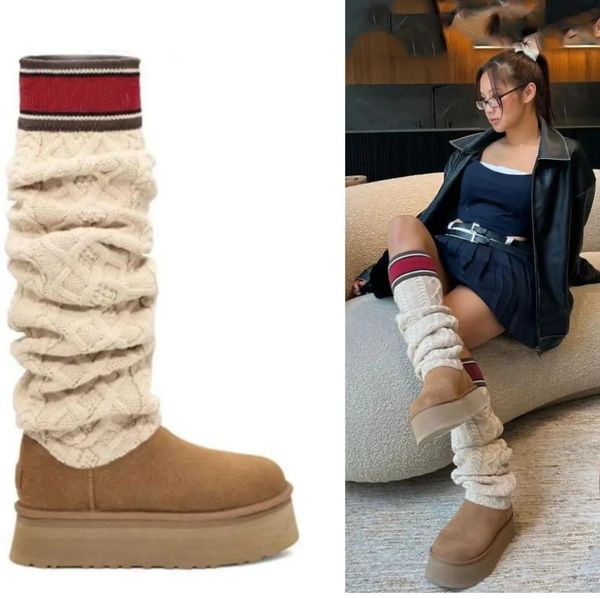 Pull classique lettre bottes hautes bottes d'hiver pour femmes bottes superposées créateur de mode australien ugg genou sur bottes de neige