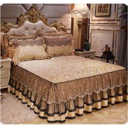 Winter dikke fluwelen beddengoed bed rok kussensloop 1/3 stks kant beddengoed matras cover warme sprei bed laken thuis textiel y200417