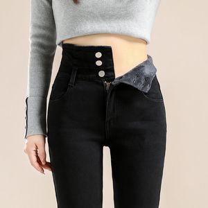 Winterdikke fluweel dames jeans fleece elastische warme hoge taille magere y2k jean slank fit dames denim broek