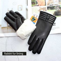 Hiver épaissi chaleur écran tactile gants en peau de mouton femme en cuir blanc doublure en fourrure de lapin extérieur coupe-vent augmenter doigt 220112