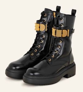 Bottes de combat pour femmes de marque supérieure d'hiver avec bracelet en lettrage doré, bout rond, bottines en cuir noir et blanc, bottines Martin confortables EU35-40, boîte d'origine