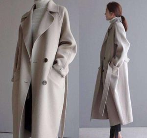 Winter Trenchcoat Voor Vrouwen Elegante Mode Casual Dikke Wollen Jas Beige Lace-up Lange Jas Zwarte Vrouw Jas met Blet