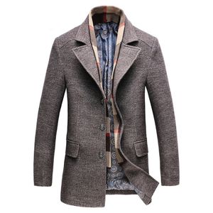 Winter Trench Coat Men Dikke Wool Blends Jacket afneembare sjaal Casual heren wollen jas grijs lange mannelijke bovenkleding 2 stks