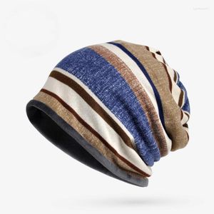 Gorros de turbante de invierno para mujeres y hombres, gorros, gorros, bufanda informal, cálido, de algodón, forma estriada, bohemio, gorro con media, gorro/calavera Eger22