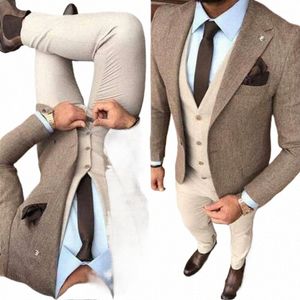 Winter Tweed Stof Man Busin Suits Beige Bruidegom Smoking Slim Fit Mannen Prom Party Jas Broek Sets Jas + vest + Broek + Tie A92S #