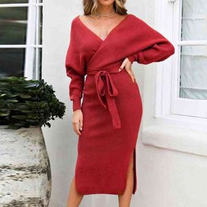 Winter V Nek Elegante kleding Breien Fashion Belt Design Hollow Back Women Slit Sweater Jurk voor thuisfeest Streetwear L220705