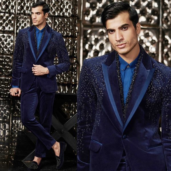 Tuxedos de veet d'hiver pour hommes Crystal perles de cristal veste à revers à poil de pointe 2 pièces costume masculin