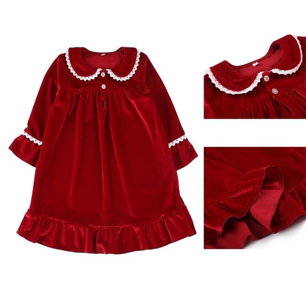 Pyjama rouge en velours d'hiver Fancy Sister Noël Baby Girls Vêtements de nuit Frill Smock Chemise de nuit 211130