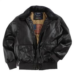 Veste d'hiver en cuir Vintage A2 pour hommes, streetwear, fourrure amovible, bombardier de moto, manteau de l'armée de l'air rembourré, 240312