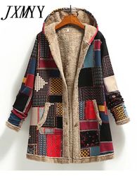 Hiver Vintage femmes manteau chaud impression épaisse polaire à capuche longue veste avec poche dames vêtements d'extérieur manteau ample pour les femmes 231228