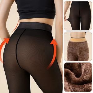 Invierno cálido negro marrón polainas sexy pantimedias térmicas mujeres medias de lana señoras falsas medias térmicas translúcidas 231228