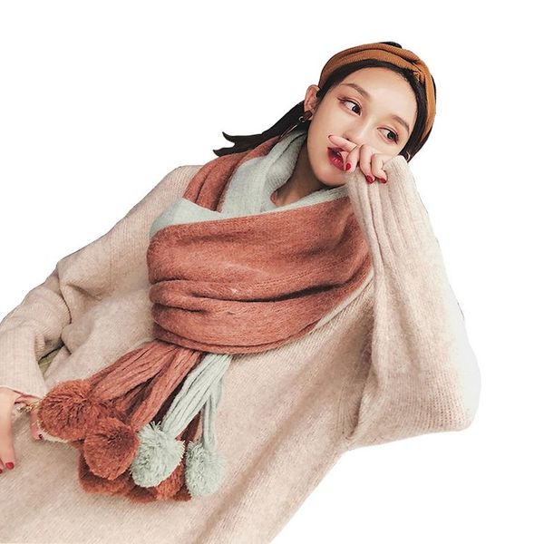 Écharpe en cachemire chaude d'hiver pour femme, écharpe solide avec boule de fourrure de lapin, écharpes épaisses, châles enveloppants, couverture surdimensionnée pour dame