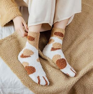 Winter Warm Coral Plush Sokken Cartoon Animal Cat Paw Sokken Winter Dikke Vloer Sok Zachte Cute Fulffy Sok voor Lady Women Girls