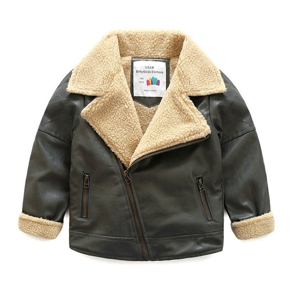 Mode chaude d'hiver 3-8 10 12 ans Teenage Black Faux Cuir Enfants Bébé Garçons Plus Velet Épaississement Veste en cuir Outwear 210701