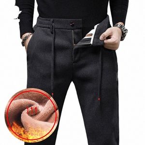 Hiver chaud polaire pantalons décontractés hommes Cott cordon taille élastique Veet Busin extérieur noir épais Stretch pantalon mâle D3Zx #