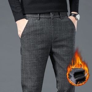 Hiver chaud polaire pantalon à carreaux hommes mode droite mince épais velours marque formelle noir bleu gris Fluff Villus pantalon décontracté 240106
