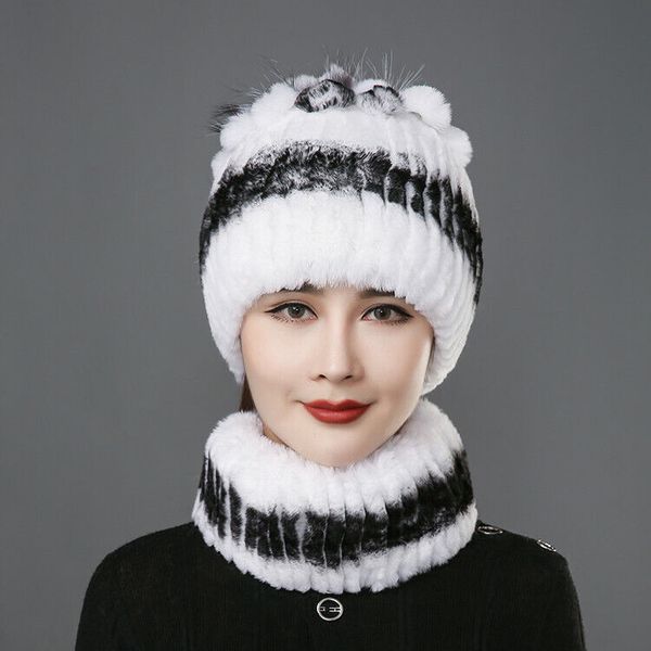 Invierno cálido piel sombreros bufanda mujer Real Rex Rabbit Beanie Cap con piel de zorro esponjoso