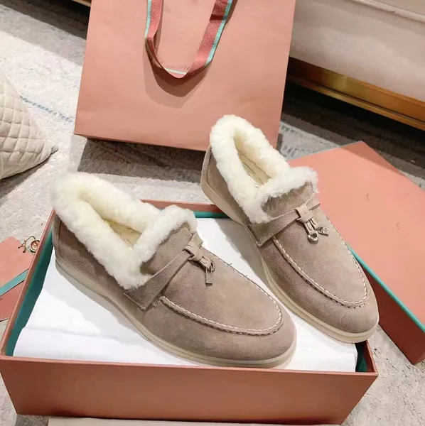 Invierno Cálido Forro De Piel Tacón Plano Mocasines Zapato Mujer Moda Piel De Oveja Gamuza Zapatos De Diseño De Lujo Con Borla Hebilla Decoración Casual Costura Zapatos Para Caminar