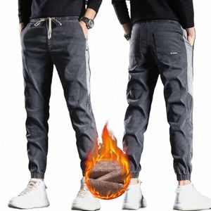 Hiver Chaud Jeans Hommes Polaire Doublé Jeans Sarouel Épaissir Élastique Coupe Ample Gris Pantalon Mâle Marque Plus Veet Grande Taille 5XL Y7d0 #
