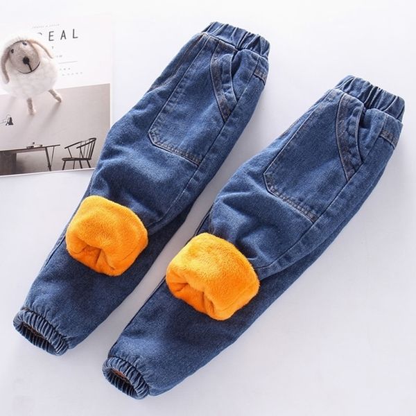 Calças de brim infantis de inverno quentinhas plus veludo jeans para meninos meninas grossas de lã 210331