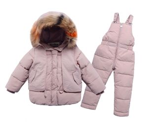 Hiver chaud enfants Puffer Ski costume bébé filles garçons plaine détachable fourrure vers le bas veste fermeture éclair combinaison pantalon ensemble enfant tenue 1-8 ans 231229