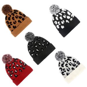 Winter Warm Gebreide Cuffed Muts Hat Vintage Leopard Pompom Skull Cap