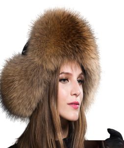Winter Warm Ladies 100 Echte wasbeerbonthoed Russische echte bontbommenwerperhoed met oorkleppen voor damesfabriek Expert Design Qual4416449