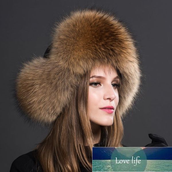 Chapeau chaud d'hiver en fourrure de raton laveur 100% véritable pour femme, chapeau de bombardier en vraie fourrure russe avec oreillettes pour femmes, conception experte en usine Qual271F