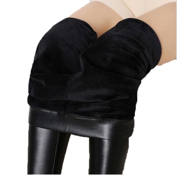 Leggings chauds d'hiver épaississement Leggings en cuir noir taille haute pantalon Leggings décontracté chaud solide Faux cuir Leggins