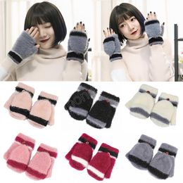 Winter Warm Mink Women's Fashion Gloves Knitted Cold Proof Half Finger Touch Screen Simple And Flip Gloves Woman