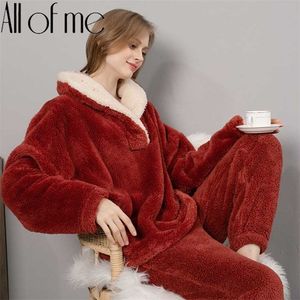 Hiver chaud pyjamas ensemble flanelle Homewear femmes corail polaire vêtements de nuit en peluche pyjama chemise de nuit Pijamas Mujer maison porter costumes Pjs 211211