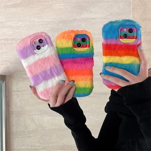 Winter Warm Pluche Telefoon Case Voor iPhone 15 14 13 12 11 Pro Max Mooie Regenboog Cover Japan Korea Meisje effen Kleur Shell