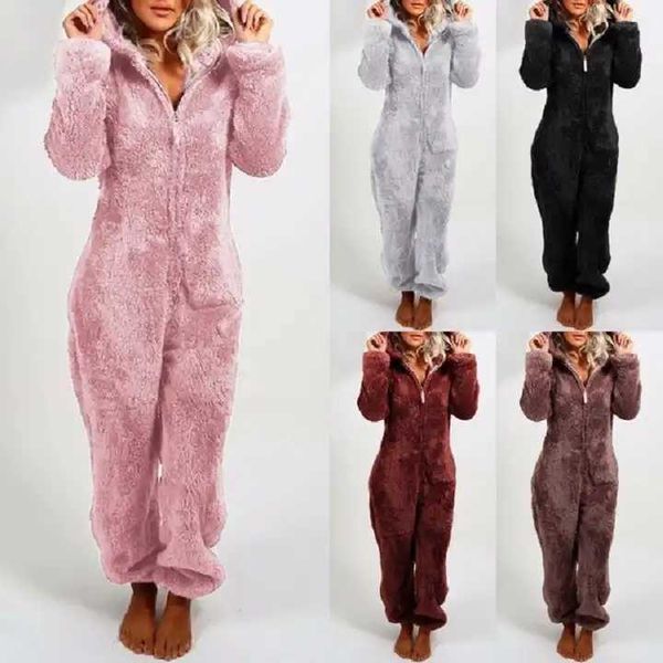 Pijamas cálidos de invierno para mujer, lindos monos de lana esponjosos, ropa de dormir, pijamas de una pieza con capucha de talla grande para mujer