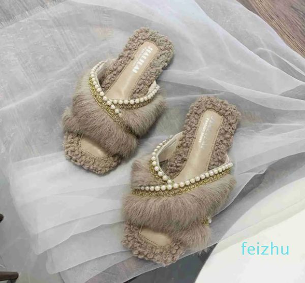 Chaussures d'hiver chaudes en vraie fourrure pour femmes, chaussures à paillettes perlées et brillantes en peluche, chaussures en poils de lapin naturels pour femmes