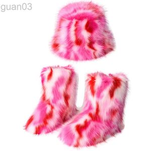 Hiver chaud femmes bottes de fourrure moelleux fourrure artificielle pêcheur chapeau ensemble femmes bottes de neige fourrure pantoufle Robot 231031