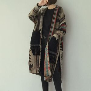 Chaleur d'hiver longue manteau laine femme coréenne élégante dames Boho Tassel mélanges de chandail tricoté Cardigan Cardigan Outwat Outwear 210218