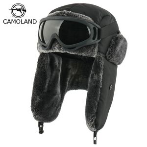 Chapeaux de bombardier imperméables d'hiver, Ushanka russe avec lunettes, chapeau de pilote de trappeur pour hommes et femmes, casquette de neige thermique en fausse fourrure