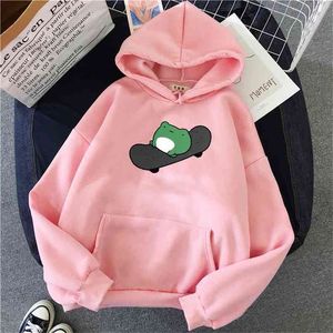 Winter Weatshirt Mannen en Dames Hoodies Skateboard Frog Oversized Sharajuku Warm Pullover Trekkoord Roze Dames Koreaanse stijl 210809