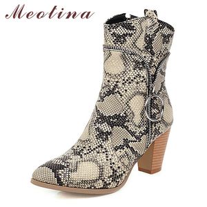 Winter Western Boots Dames Snake Print Chunky Hoge Hak Enkle Rits Puntschoen Schoenen Dames Herfst Big Size 4-12 210517