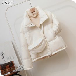 Winter witte eend jas vrouwen ultra licht stand kraag korte donzen jas losse warme uitloper + hellende schoudertas 210423