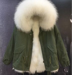 Hiver blanc fourrure de raton laveur garniture femmes parka Meifeng marque neige renard fourrure doublé armée vert toile mini veste