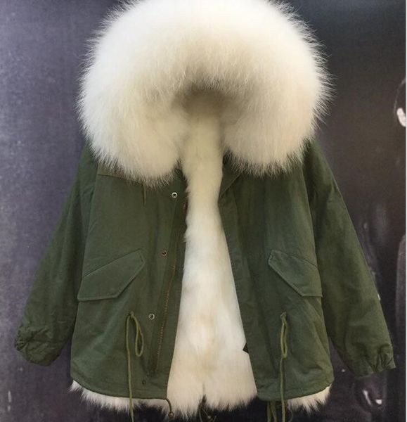 Parka de piel de mapache blanca de invierno para mujer, mini chaqueta de lona verde militar con forro de piel de zorro de nieve de la marca Meifeng