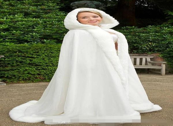 Cape de mariage blanche d'hiver, Cape à capuche avec garniture en fourrure, longue veste de mariée pour femmes, vestes de robe 4714023