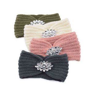 Winter Brede Gebreide Hoofdband Vrouwen Helder Kristal Bloem Twist Gehaakte Haarband Hoofd Wrap Strass Oorwarmer Accessoires AA220323