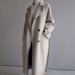 Winter Wide Lapel Belt Pocket Blend Coat Oversize Long Trench Outwear Wool Women