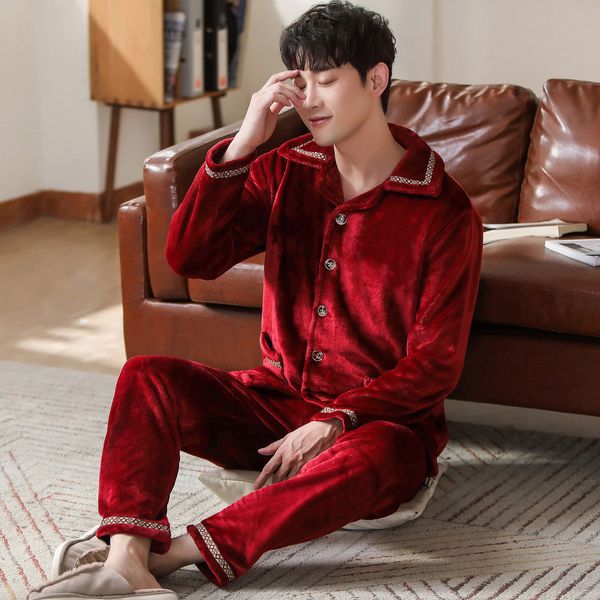 Hiver Vin Rouge Pyjama Homme Flanelle Vêtements De Nuit Doux Chaud Pyjama Ensemble Chemise De Nuit Pyjama Homme Ensembles À Manches Longues Hommes Lounge Pijamas LJ201113