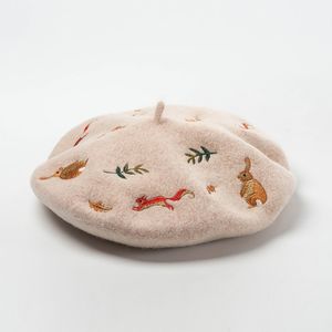 Béret pour femme, chapeau d'hiver, nouveau lapin Mori, feuilles d'écureuil, casquettes en laine de cachemire brodées, chapeau d'artiste français chaud à la mode